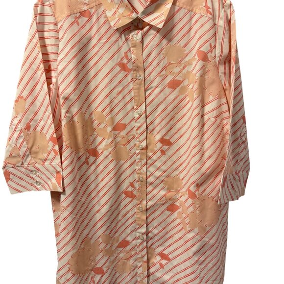 Roamans Sz 14W Button-Down Shirt 3/4 Sleeve Floral/Stripe Pattern Peach & White - Picture 5 of 12